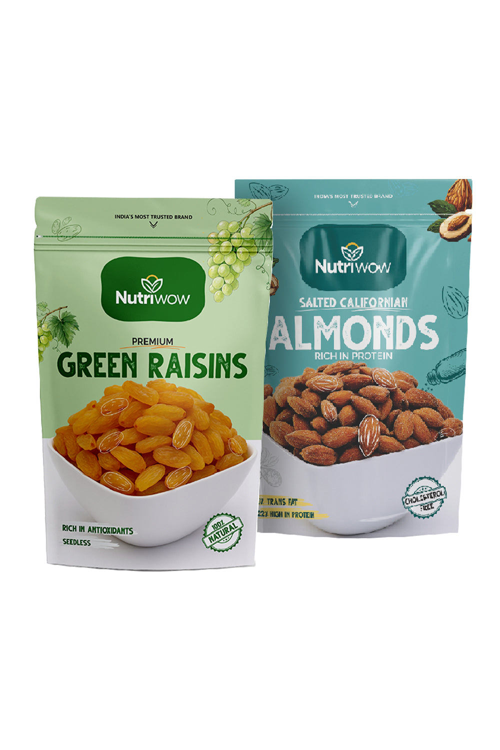 Nutriwow Premium Green Raisins 500g & Roasted & Salted Almonds 200g & |Kishmish and Badam |