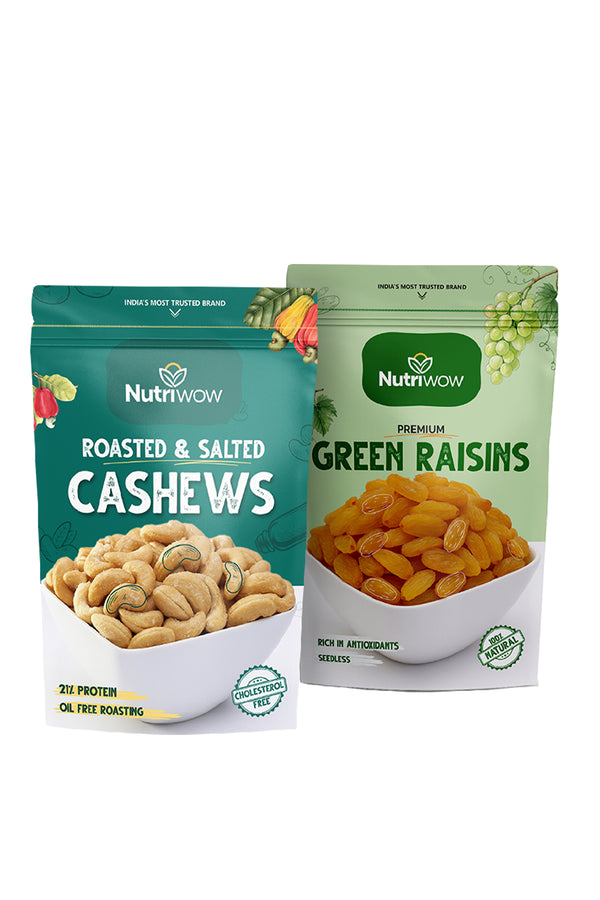 Nutriwow Premium Classic Roasted & Salted Cashew 200g & Premium Green Raisins 500g |Kaju and Kishmish