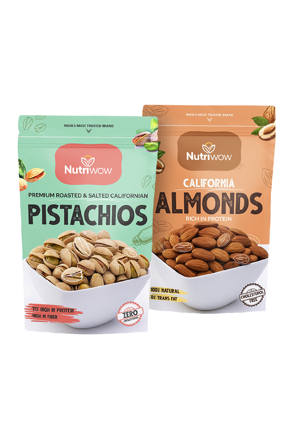 Nutriwow Premium Whole Almonds & Classic Roasted & Salted Pistachios | Badam And Pista | 400g (200g each)