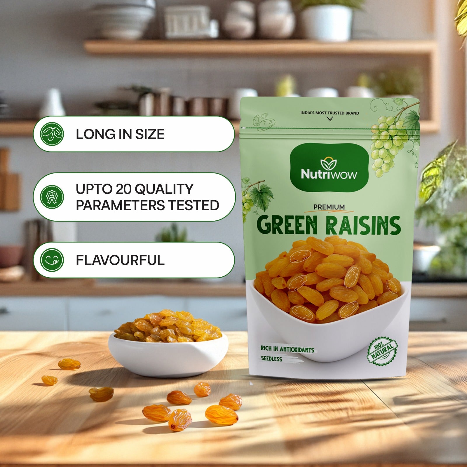 Nutriwow Premium Green Raisins 500g & Roasted & Salted Pistachios 200g & | Kishmish and Pista|