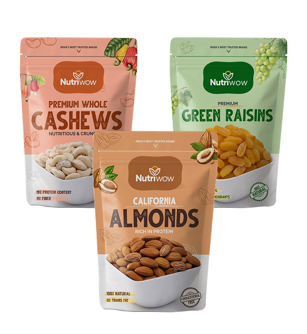 Nutriwow Premium Nuts & Dry Fruits Combo 1kg (Almonds 200g, Cashews 200g & Green Raisins 500g)