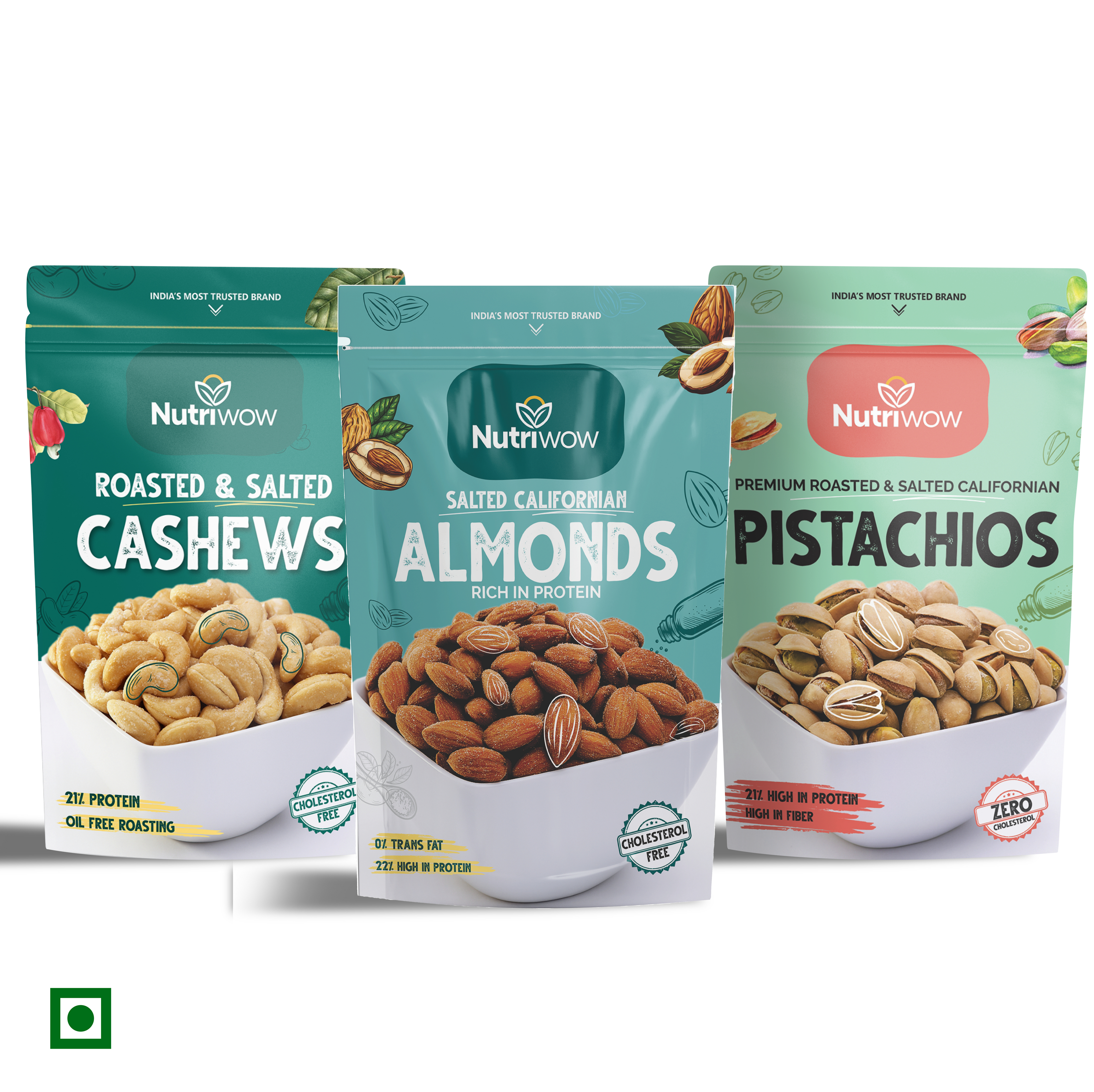 Nutriwow Premium Roasted & Salted Cashew, Almonds and Pistachios | 600g (200g Pack of 3)